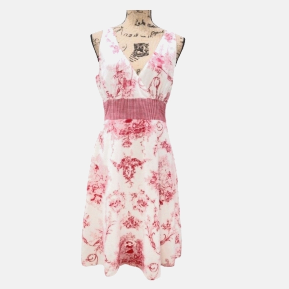 Vintage Sam TY Y2K Toile Linen Midi Dress White/Pink US Womens 10 - Picture 9 of 9